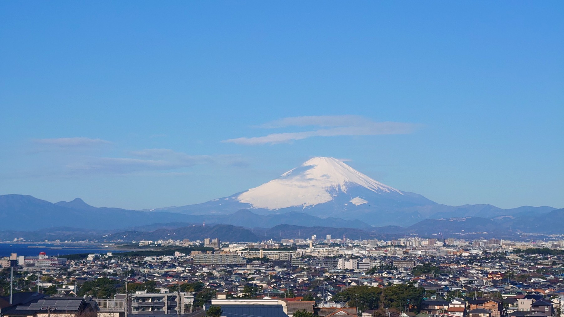 サロンの高台から望む冠雪の富士山と湘南の街並み